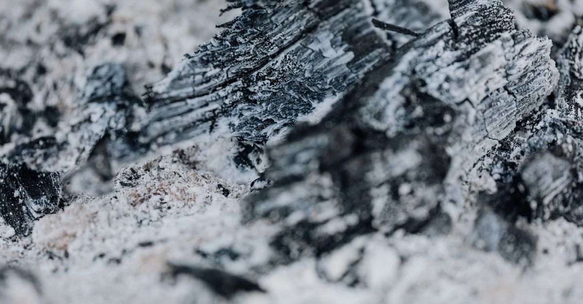 Macro shot showcasing the intricate textures of burned charcoal surrounded by white ash.